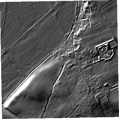Shaded relief map of the ground around CA75JQ, computed from Environment Agency LiDAR. The ground here sits at about 8 m above sea level and falls 9 m across the surrounding 800 m. Surface water reaching this point runs off ground lying to the south-west, 6.3 m higher.