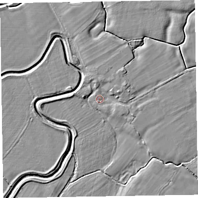 Shaded relief map of the ground around CA75LB, computed from Environment Agency LiDAR. The ground here sits at about 8 m above sea level and falls 5 m across the surrounding 800 m. Surface water reaching this point runs off ground lying to the east-north-east, 2.4 m higher.