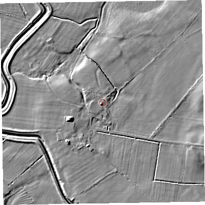 Shaded relief map of the ground around CA75LD, computed from Environment Agency LiDAR. The ground here sits at about 8 m above sea level and falls 6 m across the surrounding 800 m. Surface water reaching this point runs off ground lying to the south-west, 0.9 m higher.