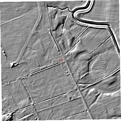 Shaded relief map of the ground around CA75LF, computed from Environment Agency LiDAR. The ground here sits at about 9 m above sea level and falls 8 m across the surrounding 800 m. The ground contributing surface water to this point lies to the south-west.