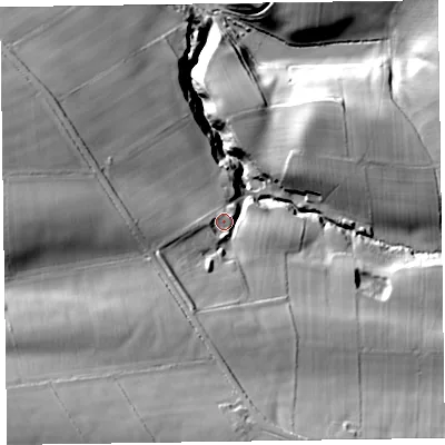Shaded relief map of the ground around CA78AJ, computed from Environment Agency LiDAR. The ground here sits at about 77 m above sea level and falls 47 m across the surrounding 800 m. Surface water reaching this point runs off ground lying to the south-south-west, 25.1 m higher.