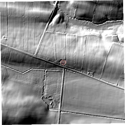 Shaded relief map of the ground around CA78AP, computed from Environment Agency LiDAR. The ground here sits at about 97 m above sea level and falls 41 m across the surrounding 800 m. Surface water reaching this point runs off ground lying to the west-north-west, 2.4 m higher.