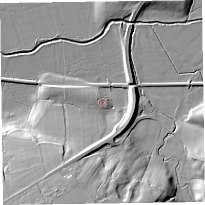 Shaded relief map of the ground around CA78BA, computed from Environment Agency LiDAR. The ground here sits at about 28 m above sea level and falls 36 m across the surrounding 800 m. Surface water reaching this point runs off ground lying to the west, 3.2 m higher.