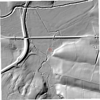Shaded relief map of the ground around CA78BB, computed from Environment Agency LiDAR. The ground here sits at about 26 m above sea level and falls 33 m across the surrounding 800 m. Surface water reaching this point runs off ground lying to the south-west, 30.0 m higher.