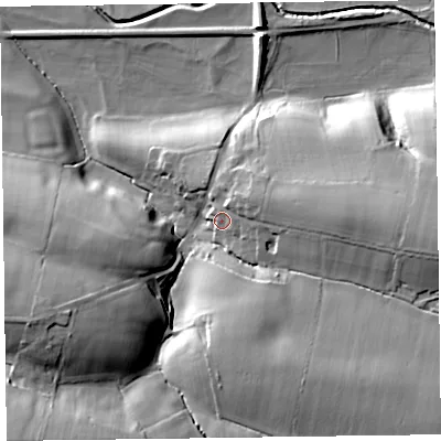 Shaded relief map of the ground around CA78BG, computed from Environment Agency LiDAR. The ground here sits at about 42 m above sea level and falls 31 m across the surrounding 800 m. Surface water reaching this point runs off ground lying to the east-north-east, 5.7 m higher.