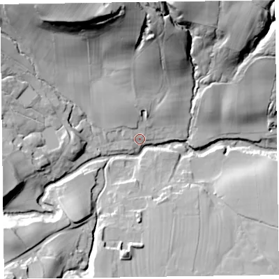 Shaded relief map of the ground around CA78DS, computed from Environment Agency LiDAR. The ground here sits at about 159 m above sea level and falls 58 m across the surrounding 800 m. Surface water reaching this point runs off ground lying to the north-west, 10.3 m higher.