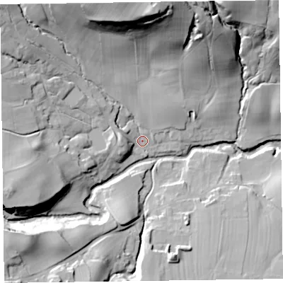 Shaded relief map of the ground around CA78DT, computed from Environment Agency LiDAR. The ground here sits at about 160 m above sea level and falls 57 m across the surrounding 800 m. Surface water reaching this point runs off ground lying to the west-south-west, 28.6 m higher.