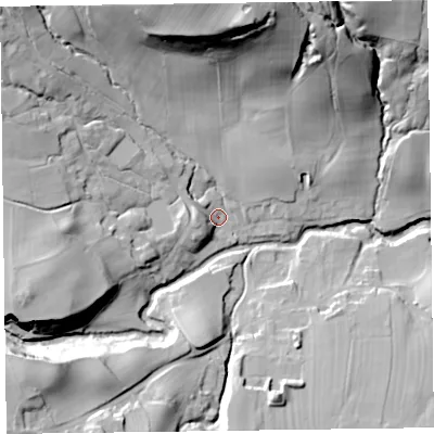 Shaded relief map of the ground around CA78DU, computed from Environment Agency LiDAR. The ground here sits at about 160 m above sea level and falls 56 m across the surrounding 800 m. Surface water reaching this point runs off ground lying to the north-west, 29.1 m higher.