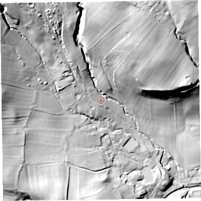 Shaded relief map of the ground around CA78EE, computed from Environment Agency LiDAR. The ground here sits at about 180 m above sea level and falls 72 m across the surrounding 800 m. Surface water reaching this point runs off ground lying to the north-north-east, 49.6 m higher.