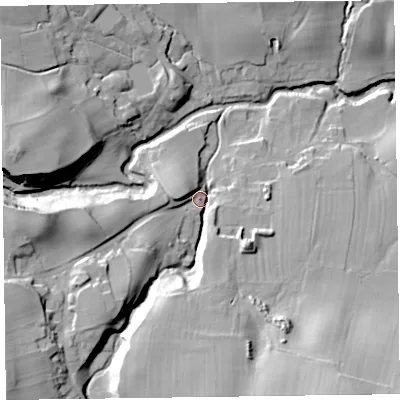 Shaded relief map of the ground around CA78EL, computed from Environment Agency LiDAR. The ground here sits at about 163 m above sea level and falls 43 m across the surrounding 800 m. Surface water reaching this point runs off ground lying to the south-west, 31.4 m higher.