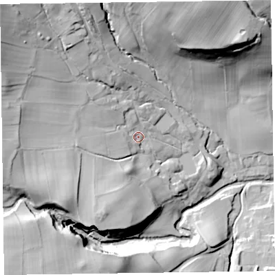 Shaded relief map of the ground around CA78ER, computed from Environment Agency LiDAR. The ground here sits at about 172 m above sea level and falls 58 m across the surrounding 800 m. Surface water reaching this point runs off ground lying to the west, 10.8 m higher.