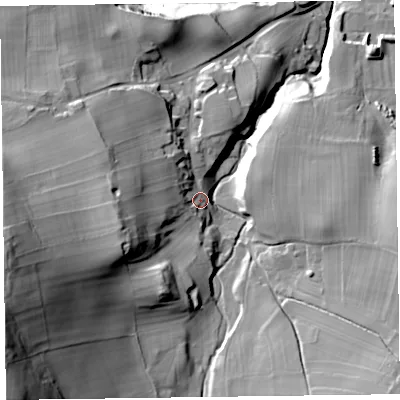 Shaded relief map of the ground around CA78EU, computed from Environment Agency LiDAR. The ground here sits at about 181 m above sea level and falls 71 m across the surrounding 800 m. Surface water reaching this point runs off ground lying to the south-west, 55.8 m higher.