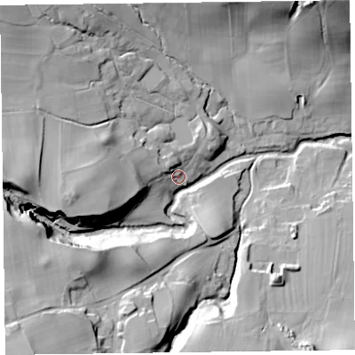 Shaded relief map of the ground around CA78EW, computed from Environment Agency LiDAR. The ground here sits at about 164 m above sea level and falls 41 m across the surrounding 800 m. Surface water reaching this point runs off ground lying to the west-north-west, 7.2 m higher.