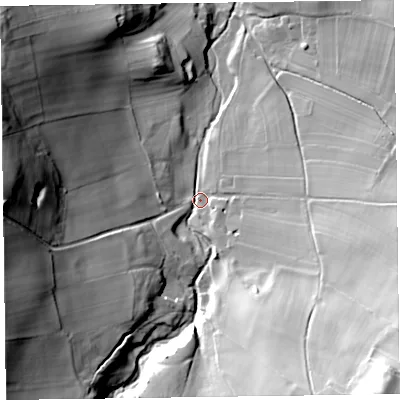 Shaded relief map of the ground around CA78EY, computed from Environment Agency LiDAR. The ground here sits at about 188 m above sea level and falls 60 m across the surrounding 800 m. Surface water reaching this point runs off ground lying to the south-east, 51.7 m higher.
