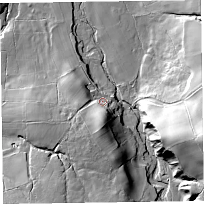 Shaded relief map of the ground around CA78HB, computed from Environment Agency LiDAR. The ground here sits at about 253 m above sea level and falls 63 m across the surrounding 800 m. Surface water reaching this point runs off ground lying to the south, 17.1 m higher.