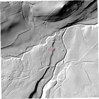 Shaded relief map of the ground around CA78HH, computed from Environment Agency LiDAR. The ground here sits at about 212 m above sea level and falls 51 m across the surrounding 800 m. Surface water reaching this point runs off ground lying to the south-south-west, 5.4 m higher.