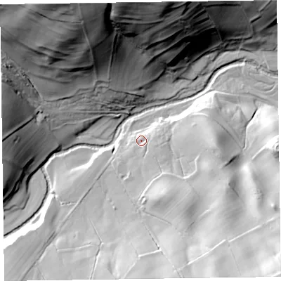 Shaded relief map of the ground around CA78HQ, computed from Environment Agency LiDAR. The ground here sits at about 199 m above sea level and falls 71 m across the surrounding 800 m. Surface water reaching this point runs off ground lying to the south-south-east, 14.5 m higher.