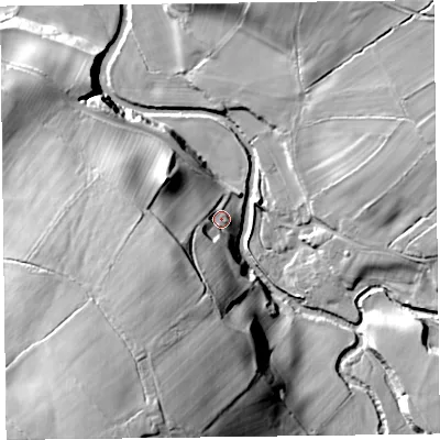 Shaded relief map of the ground around CA78HR, computed from Environment Agency LiDAR. The ground here sits at about 172 m above sea level and falls 46 m across the surrounding 800 m. Surface water reaching this point runs off ground lying to the south-south-west, 25.4 m higher.
