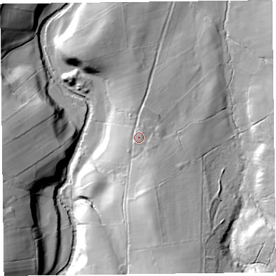 Shaded relief map of the ground around CA78HX, computed from Environment Agency LiDAR. The ground here sits at about 214 m above sea level and falls 45 m across the surrounding 800 m. Surface water reaching this point runs off ground lying to the south, 15.9 m higher.