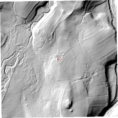Shaded relief map of the ground around CA78JT, computed from Environment Agency LiDAR. The ground here sits at about 225 m above sea level and falls 45 m across the surrounding 800 m. Surface water reaching this point runs off ground lying to the south, 3.4 m higher.