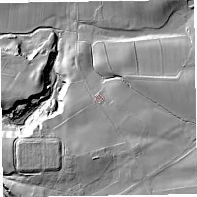 Shaded relief map of the ground around CA78LJ, computed from Environment Agency LiDAR. The ground here sits at about 59 m above sea level and falls 38 m across the surrounding 800 m. Surface water reaching this point runs off ground lying to the south-east, 11.3 m higher.