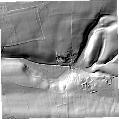 Shaded relief map of the ground around CA78LY, computed from Environment Agency LiDAR. The ground here sits at about 74 m above sea level and falls 33 m across the surrounding 800 m. Surface water reaching this point runs off ground lying to the north-north-west, 7.6 m higher.