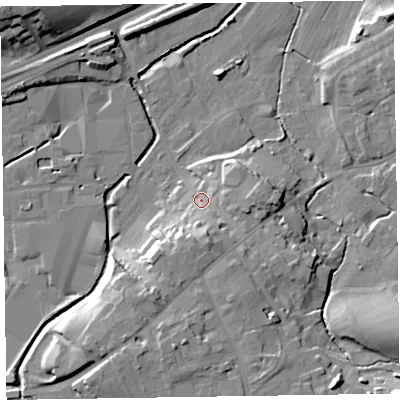 Shaded relief map of the ground around CA79AE, computed from Environment Agency LiDAR. The ground here sits at about 24 m above sea level and falls 18 m across the surrounding 800 m. Surface water reaching this point runs off ground lying to the south-south-west, 9.4 m higher.