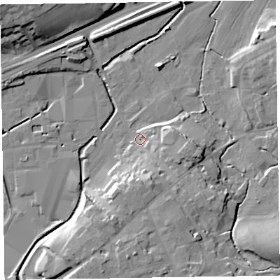 Shaded relief map of the ground around CA79AG, computed from Environment Agency LiDAR. The ground here sits at about 22 m above sea level and falls 21 m across the surrounding 800 m. Surface water reaching this point runs off ground lying to the south, 11.1 m higher.