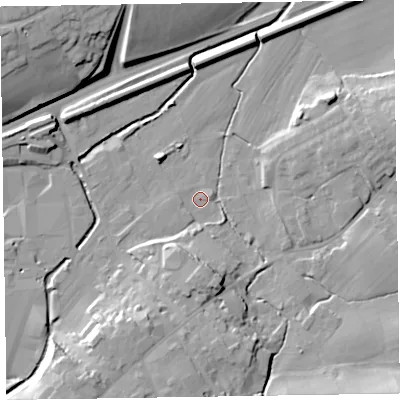 Shaded relief map of the ground around CA79AX, computed from Environment Agency LiDAR. The ground here sits at about 20 m above sea level and falls 22 m across the surrounding 800 m. Surface water reaching this point runs off ground lying to the south-south-west, 8.7 m higher.