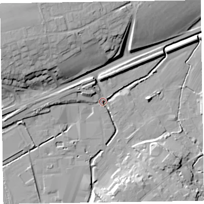Shaded relief map of the ground around CA79BA, computed from Environment Agency LiDAR. The ground here sits at about 21 m above sea level and falls 24 m across the surrounding 800 m. Surface water reaching this point runs off ground lying to the west, 8.1 m higher.