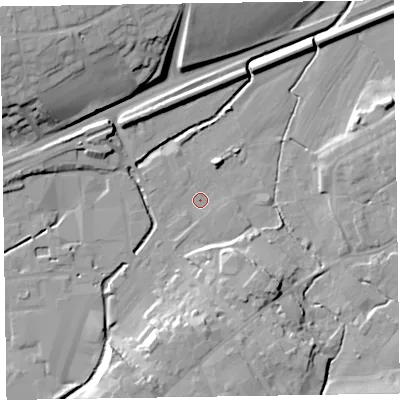 Shaded relief map of the ground around CA79BB, computed from Environment Agency LiDAR. The ground here sits at about 20 m above sea level and falls 24 m across the surrounding 800 m. Surface water reaching this point runs off ground lying to the south-south-west, 15.4 m higher.