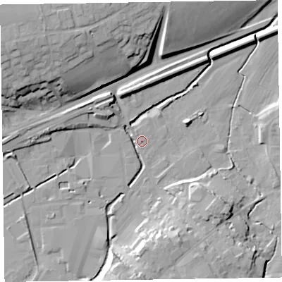Shaded relief map of the ground around CA79BD, computed from Environment Agency LiDAR. The ground here sits at about 21 m above sea level and falls 24 m across the surrounding 800 m. Surface water reaching this point runs off ground lying to the west, 8.1 m higher.