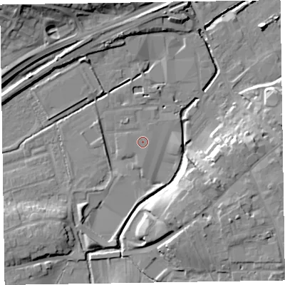 Shaded relief map of the ground around CA79BG, computed from Environment Agency LiDAR. The ground here sits at about 23 m above sea level and falls 18 m across the surrounding 800 m. Surface water reaching this point runs off ground lying to the west-south-west, 0.6 m higher.