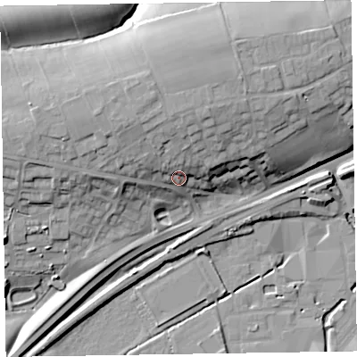 Shaded relief map of the ground around CA79BJ, computed from Environment Agency LiDAR. The ground here sits at about 33 m above sea level and falls 22 m across the surrounding 800 m. Surface water reaching this point runs off ground lying to the north-north-west, 9.6 m higher.