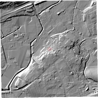Shaded relief map of the ground around CA79ED, computed from Environment Agency LiDAR. The ground here sits at about 25 m above sea level and falls 18 m across the surrounding 800 m. Surface water reaching this point runs off ground lying to the south-south-east, 8.7 m higher.