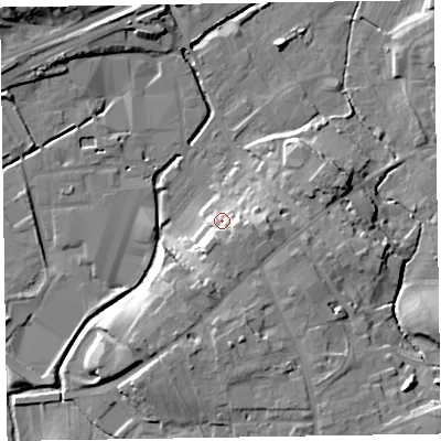 Shaded relief map of the ground around CA79EE, computed from Environment Agency LiDAR. The ground here sits at about 27 m above sea level and falls 18 m across the surrounding 800 m. Surface water reaching this point runs off ground lying to the south-south-west, 7.5 m higher.