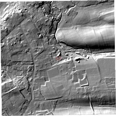 Shaded relief map of the ground around CA79EN, computed from Environment Agency LiDAR. The ground here sits at about 31 m above sea level and falls 25 m across the surrounding 800 m. Surface water reaching this point runs off ground lying to the north, 4.1 m higher.