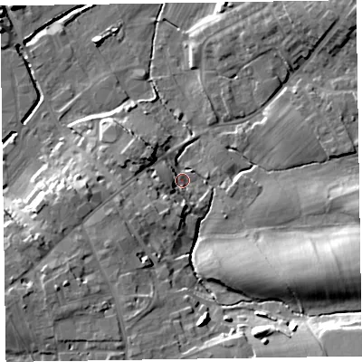 Shaded relief map of the ground around CA79ET, computed from Environment Agency LiDAR. The ground here sits at about 23 m above sea level and falls 21 m across the surrounding 800 m. Surface water reaching this point runs off ground lying to the south-south-west, 7.3 m higher.