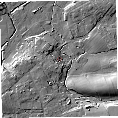 Shaded relief map of the ground around CA79EY, computed from Environment Agency LiDAR. The ground here sits at about 25 m above sea level and falls 21 m across the surrounding 800 m. Surface water reaching this point runs off ground lying to the south-west, 6.6 m higher.