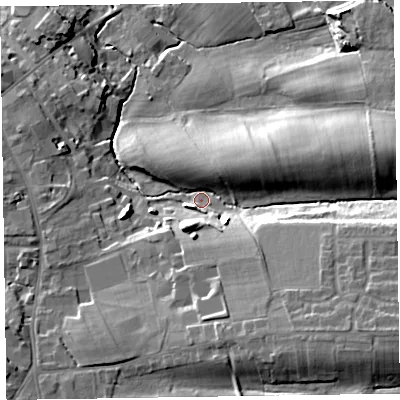 Shaded relief map of the ground around CA79GZ, computed from Environment Agency LiDAR. The ground here sits at about 29 m above sea level and falls 24 m across the surrounding 800 m. Surface water reaching this point runs off ground lying to the south-east, 15.9 m higher.