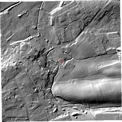 Shaded relief map of the ground around CA79HD, computed from Environment Agency LiDAR. The ground here sits at about 22 m above sea level and falls 22 m across the surrounding 800 m. Surface water reaching this point runs off ground lying to the east-south-east, 3.2 m higher.