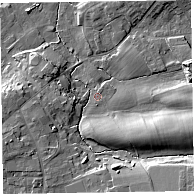 Shaded relief map of the ground around CA79HE, computed from Environment Agency LiDAR. The ground here sits at about 23 m above sea level and falls 22 m across the surrounding 800 m. Surface water reaching this point runs off ground lying to the east-south-east, 15.9 m higher.