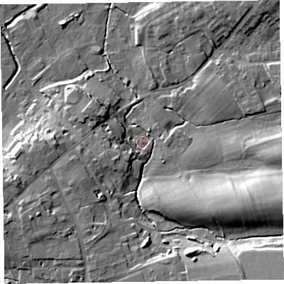 Shaded relief map of the ground around CA79HF, computed from Environment Agency LiDAR. The ground here sits at about 23 m above sea level and falls 22 m across the surrounding 800 m. Surface water reaching this point runs off ground lying to the south-east, 18.2 m higher.