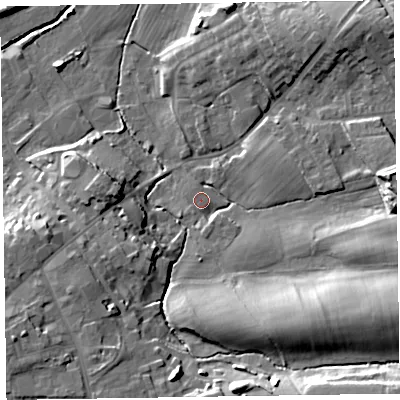 Shaded relief map of the ground around CA79HG, computed from Environment Agency LiDAR. The ground here sits at about 22 m above sea level and falls 21 m across the surrounding 800 m. Surface water reaching this point runs off ground lying to the south-south-east, 3.2 m higher.