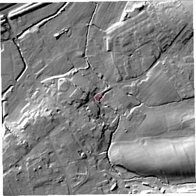 Shaded relief map of the ground around CA79HJ, computed from Environment Agency LiDAR. The ground here sits at about 22 m above sea level and falls 20 m across the surrounding 800 m. Surface water reaching this point runs off ground lying to the south-west, 14.8 m higher.