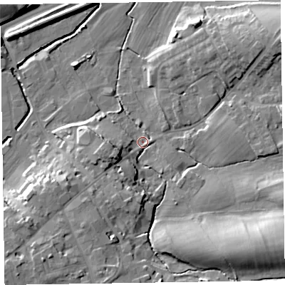 Shaded relief map of the ground around CA79HL, computed from Environment Agency LiDAR. The ground here sits at about 21 m above sea level and falls 20 m across the surrounding 800 m. Surface water reaching this point runs off ground lying to the south-east, 16.9 m higher.