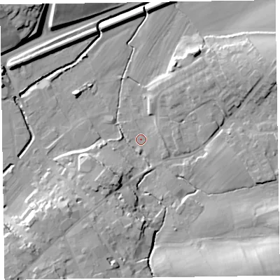 Shaded relief map of the ground around CA79HN, computed from Environment Agency LiDAR. The ground here sits at about 20 m above sea level and falls 20 m across the surrounding 800 m. Surface water reaching this point runs off ground lying to the east, 2.6 m higher.