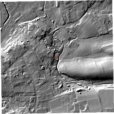 Shaded relief map of the ground around CA79HP, computed from Environment Agency LiDAR. The ground here sits at about 26 m above sea level and falls 23 m across the surrounding 800 m. Surface water reaching this point runs off ground lying to the south-east, 18.7 m higher.
