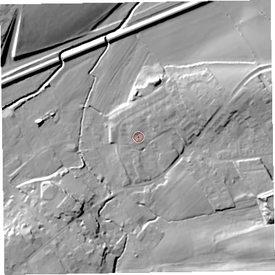 Shaded relief map of the ground around CA79HQ, computed from Environment Agency LiDAR. The ground here sits at about 22 m above sea level and falls 19 m across the surrounding 800 m. Surface water reaching this point runs off ground lying to the north-east, 4.1 m higher.