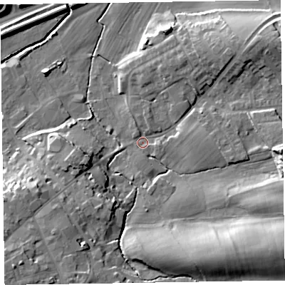 Shaded relief map of the ground around CA79HS, computed from Environment Agency LiDAR. The ground here sits at about 21 m above sea level and falls 21 m across the surrounding 800 m. Surface water reaching this point runs off ground lying to the south-east, 18.3 m higher.